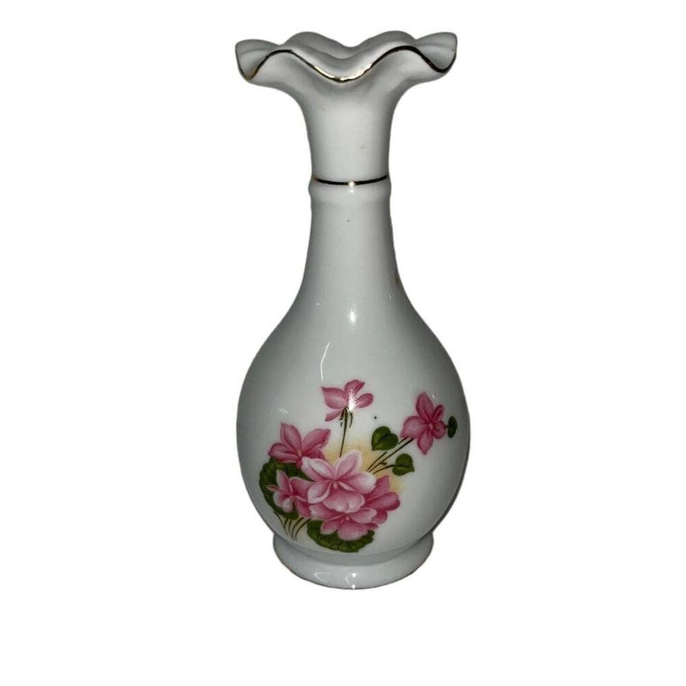 Nasco Vintage Bud Vase Flowers Ruffle Stem White Gold | Porcelain Japanese 6.5"